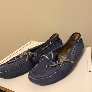 Tod's of London Blue Suede Driving Loafers with Silver Metallic Tie